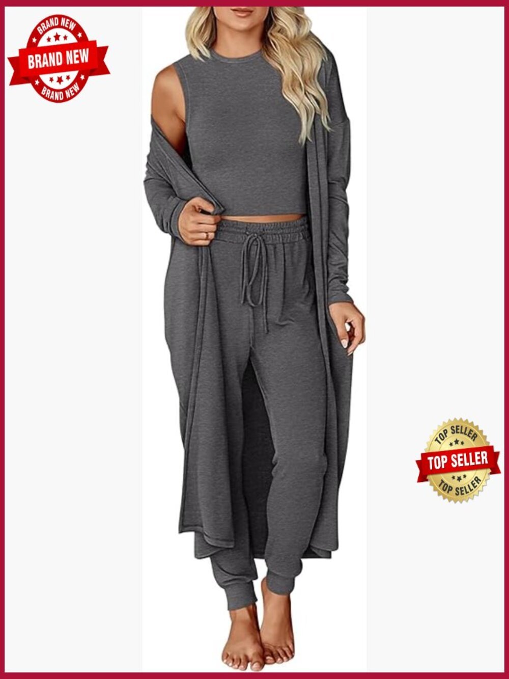 3 Piece Lounge Sets for Women Sleeveless Top Jogger Pants Long Cardigan